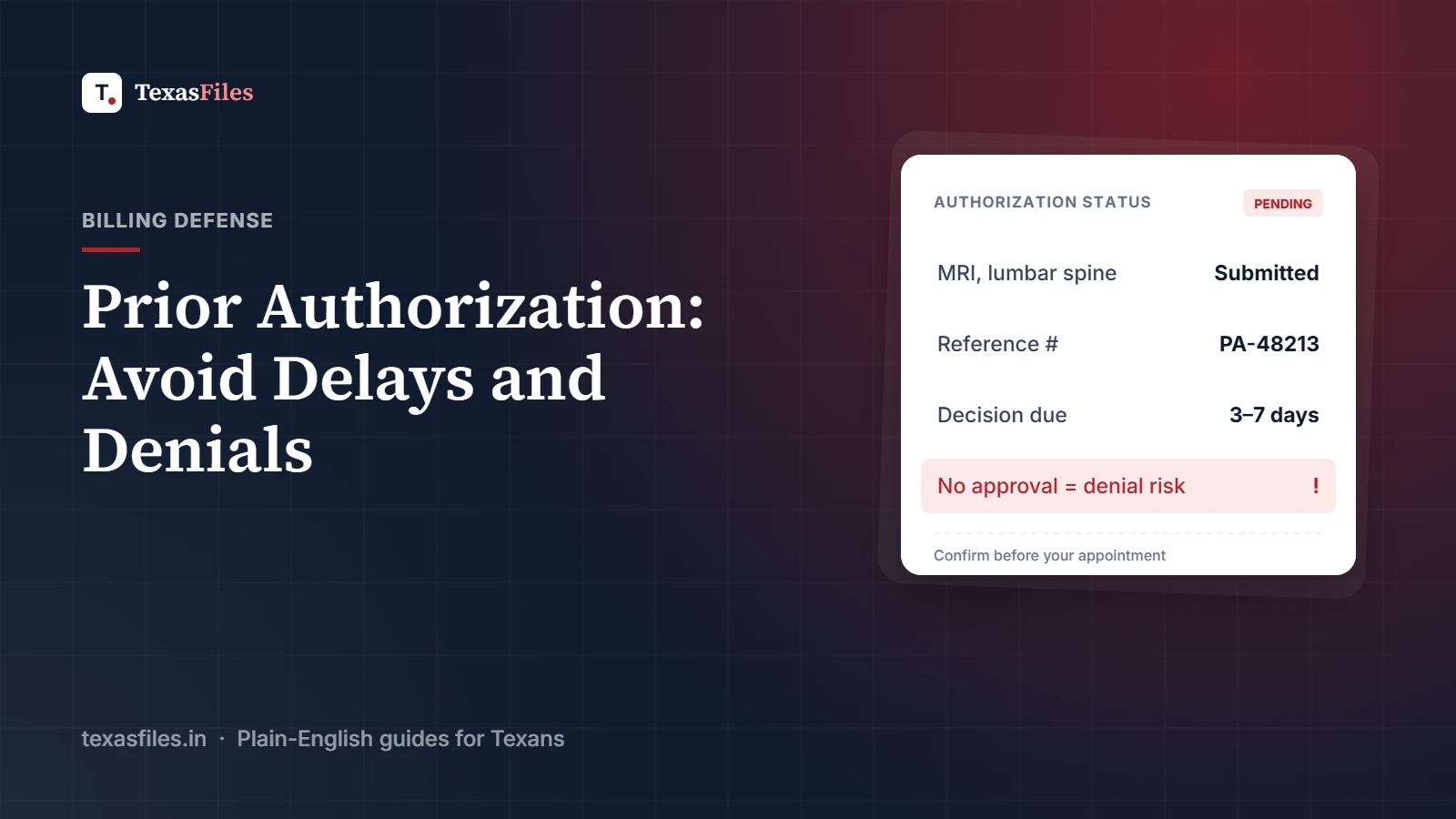 Illustrated prior authorization status card showing a pending MRI request